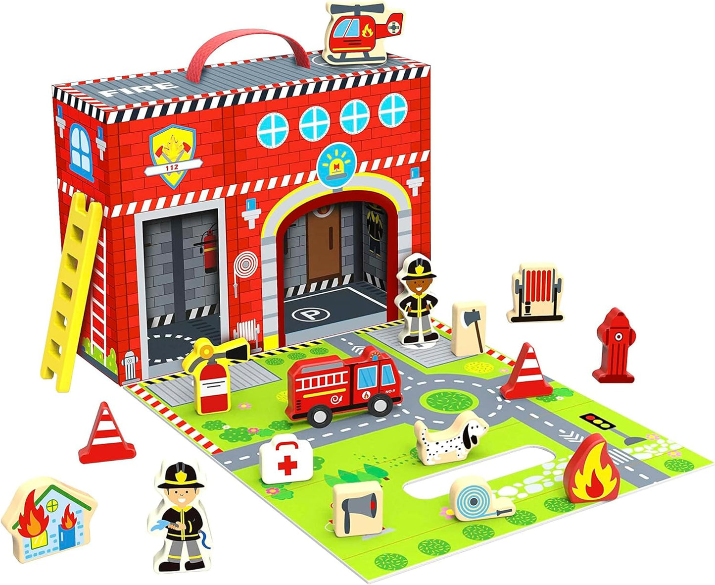 Tooky toy - Wooden Toy Portable Fire Station