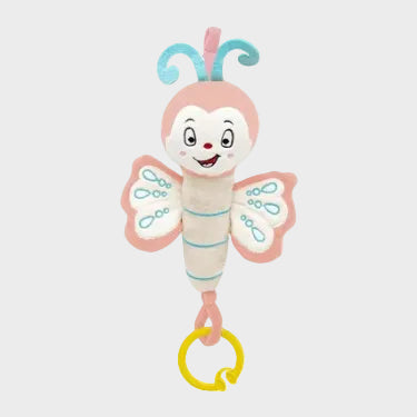 A colorful plush baby butterfly toy with a smiling face and vibrating function, designed for infant play.