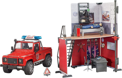 Bruder - Firestation w Land Rover Defender Truck, Fireman and Accessories