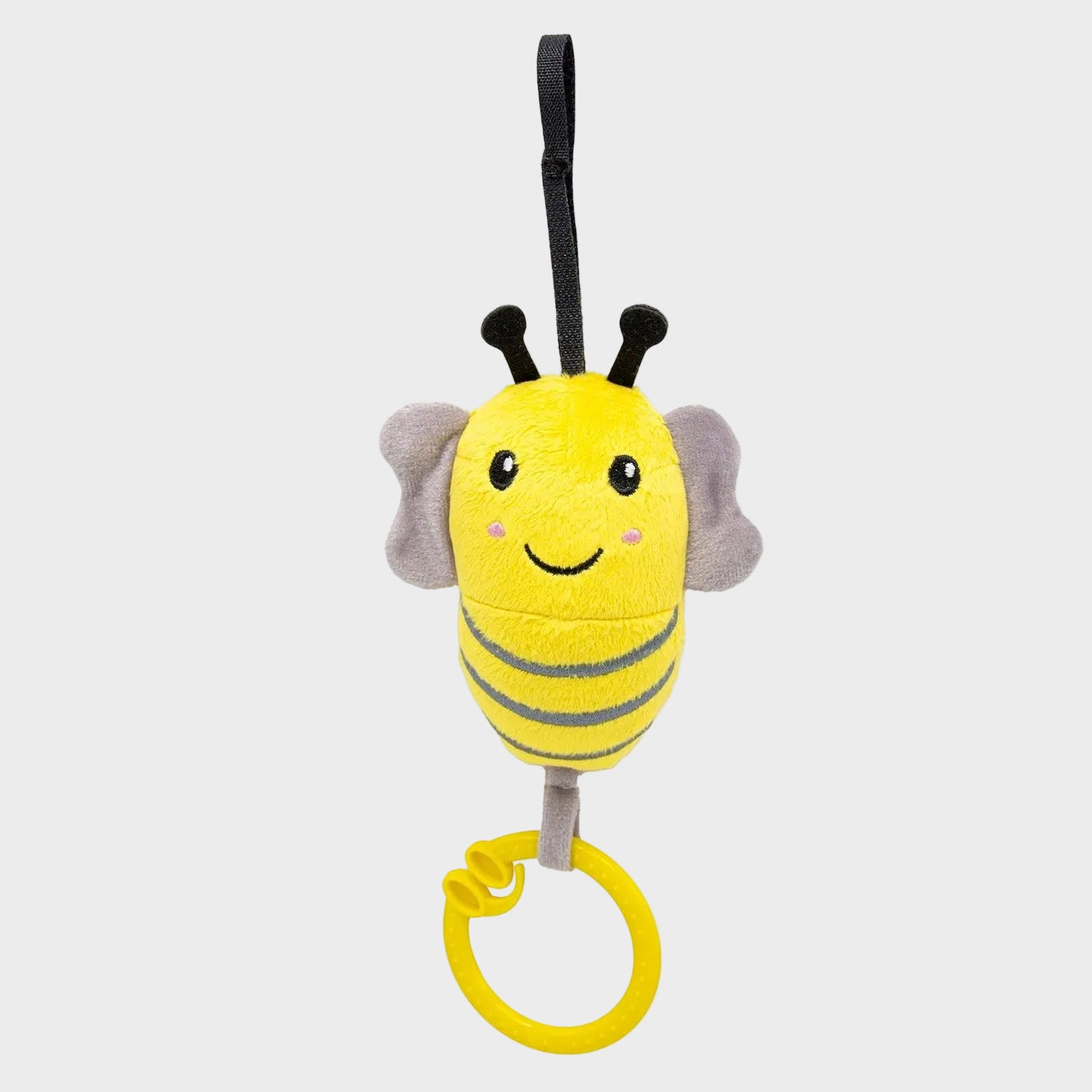 A yellow and black vibrating baby bee toy with a ring at the bottom for easy handling.